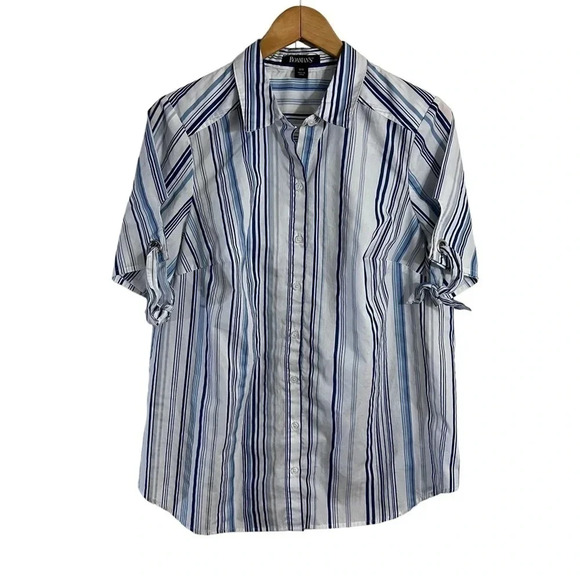 Roamans Blue and White Striped Shirt Plus Size 16W Short Sleeves Button Up Top - Picture 1 of 5